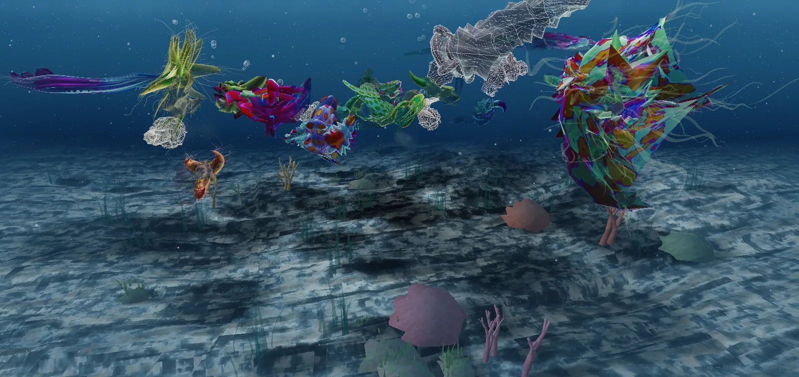 A population of protobytes drifting in a dark ProtoWorld tank, lit from above
